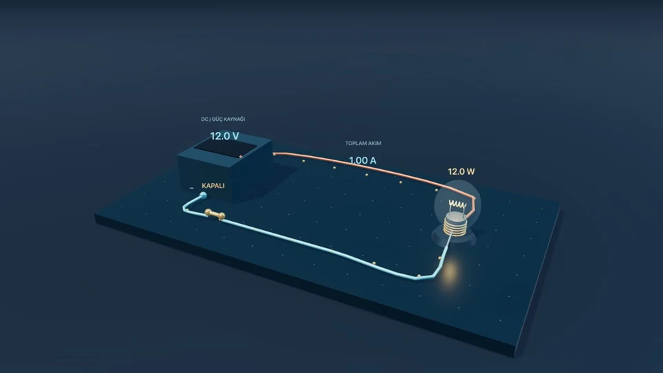 Üç boyutlu elektrik atölyesi: güç kaynağı, anahtar ve ampul