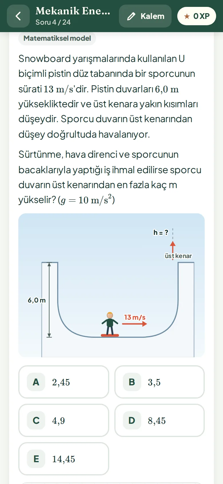 Snowboard pistinde mekanik enerjinin korunumunu soran şekilli soru