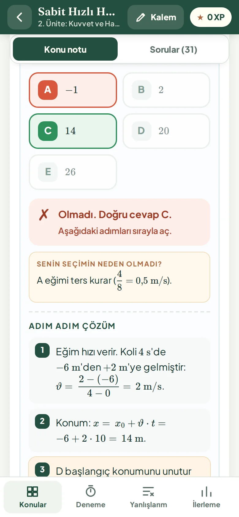 Çözümlü örnekte seçilen şıkkın neden yanlış olduğu ve adım adım çözüm